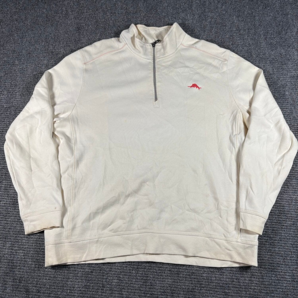 Tommy Bahama 1/4 Zip Sweatshirt Mens XL Cream Good Cotton Pullover Logo